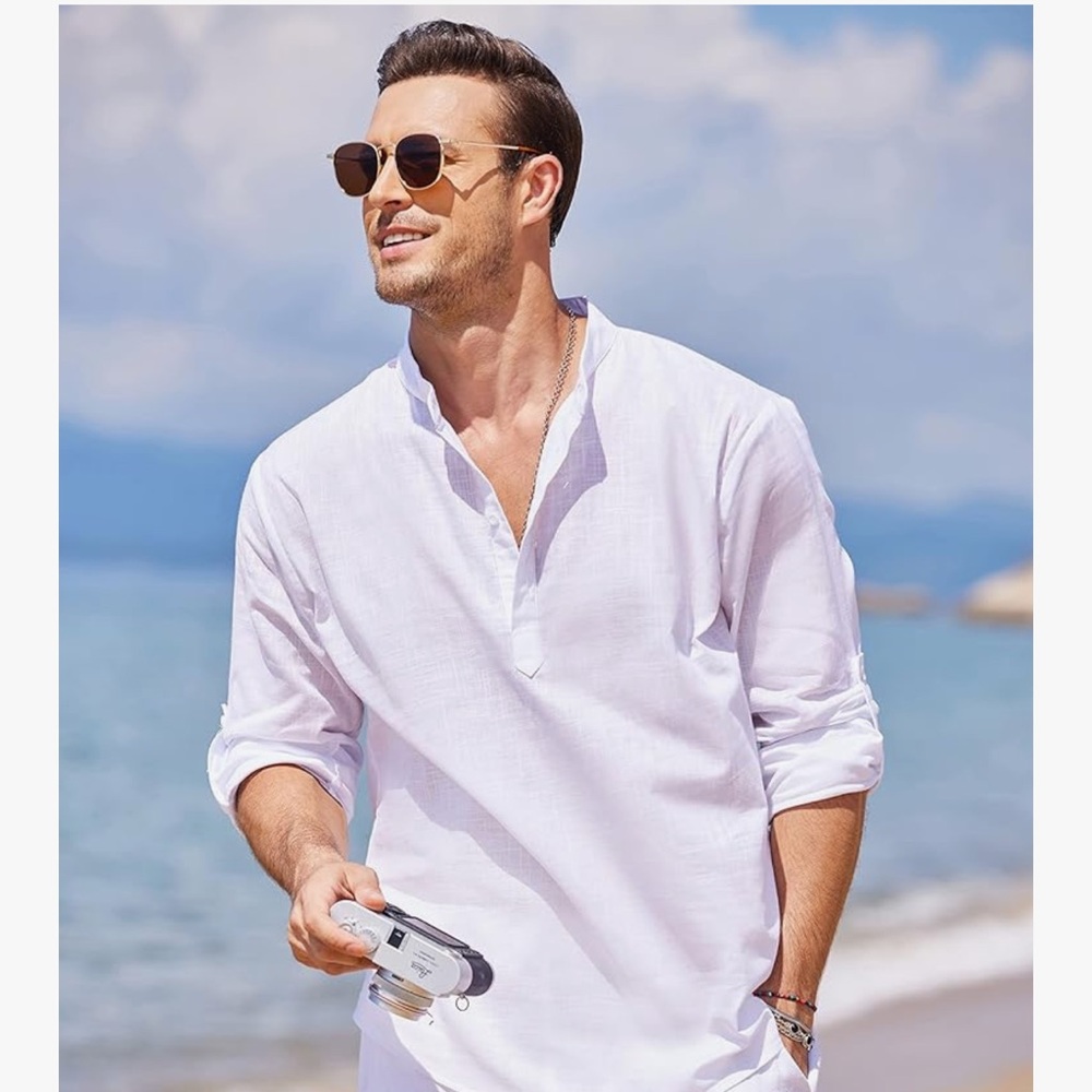 Coofandy White Cotton Linen Henley T-shirt - Picture 2 of 8
